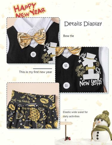 Tomolant بيبي بوي سنوات جديدة الزي 2024 3 قطعة الوليد الصبي رومبير + سنوات جديدة بانت + ربطة القوس فيونكة أول سنوات جديدة بيبي بوي الزي in Kuwait