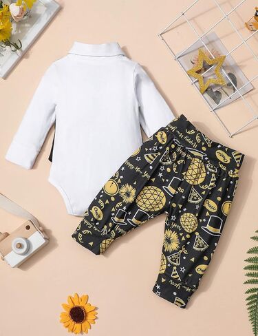 Tomolant بيبي بوي سنوات جديدة الزي 2024 3 قطعة الوليد الصبي رومبير + سنوات جديدة بانت + ربطة القوس فيونكة أول سنوات جديدة بيبي بوي الزي in Kuwait