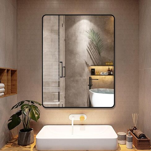 مرآة حائط Niccy مقاس 36 × 28 بوصة للحمام، مرآة زينة مثبتة على الحائط بإطار معدني كبير مستطيل الشكل، مرآة مزرعة مزخرفة عالية الدقة مقاومة للكسر، معلقة أفقيًا أو رأسيًا، أسود in Kuwait