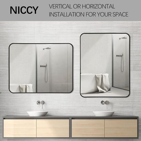 مرآة حائط Niccy مقاس 36 × 28 بوصة للحمام، مرآة زينة مثبتة على الحائط بإطار معدني كبير مستطيل الشكل، مرآة مزرعة مزخرفة عالية الدقة مقاومة للكسر، معلقة أفقيًا أو رأسيًا، أسود in Kuwait