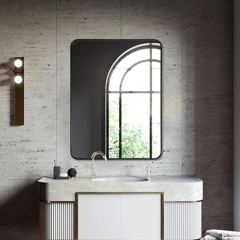 مرآة حائط Niccy مقاس 36 × 28 بوصة للحمام، مرآة زينة مثبتة على الحائط بإطار معدني كبير مستطيل الشكل، مرآة مزرعة مزخرفة عالية الدقة مقاومة للكسر، معلقة أفقيًا أو رأسيًا، أسود in Kuwait