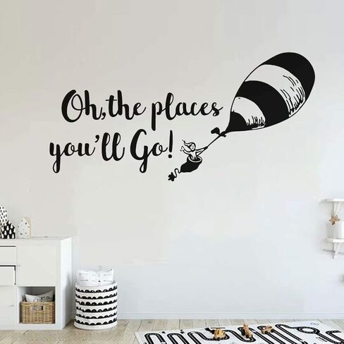 ملصق جداري لغرفة الأطفال من BATTOO Oh The Places Youll Go - اقتباسات جدارية من الفينيل بالبالون لتزيين غرفة الأطفال (أسود، 30 بوصة عرض × 15 بوصة ارتفاع) in Kuwait