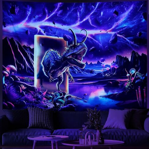 Blacklight Dinosaur Tapestry Trippy Galaxy Tapestry UV Reactive Outer Space Tapestry Fantasy Mountain Plants Tapestry Sacred Time Line Tapestry Magic Time Door Parallel World Poster for Living Room in Saudi Arabia