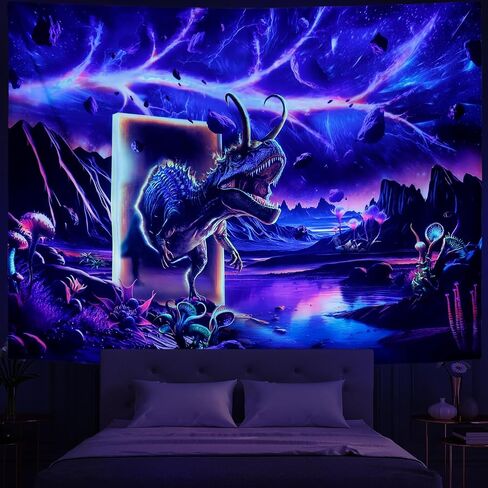 Blacklight Dinosaur Tapestry Trippy Galaxy Tapestry UV Reactive Outer Space Tapestry Fantasy Mountain Plants Tapestry Sacred Time Line Tapestry Magic Time Door Parallel World Poster for Living Room in Saudi Arabia
