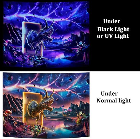 Blacklight Dinosaur Tapestry Trippy Galaxy Tapestry UV Reactive Outer Space Tapestry Fantasy Mountain Plants Tapestry Sacred Time Line Tapestry Magic Time Door Parallel World Poster for Living Room in Saudi Arabia