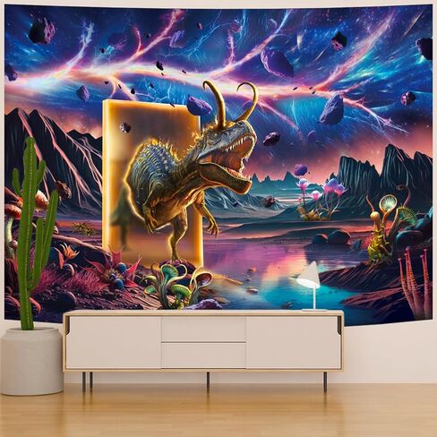 Blacklight Dinosaur Tapestry Trippy Galaxy Tapestry UV Reactive Outer Space Tapestry Fantasy Mountain Plants Tapestry Sacred Time Line Tapestry Magic Time Door Parallel World Poster for Living Room in Saudi Arabia