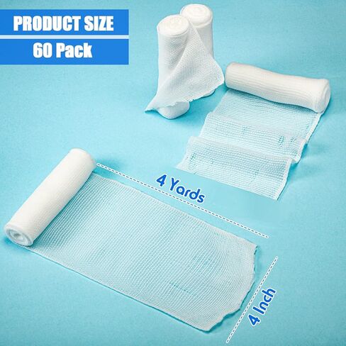 60 حزمة من لفات الشاش مقاس 10.16 سم × 4 ياردات، ضمادة شاش ممدودة بشكل فردي، لفافات شاش قابلة للتنفس للعناية بالجسم، باللون الأبيض in Kuwait