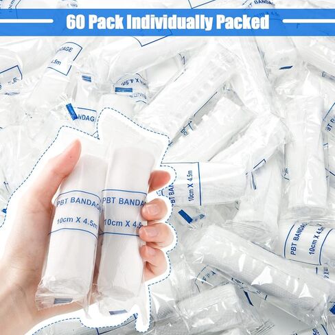 60 حزمة من لفات الشاش مقاس 10.16 سم × 4 ياردات، ضمادة شاش ممدودة بشكل فردي، لفافات شاش قابلة للتنفس للعناية بالجسم، باللون الأبيض in Kuwait