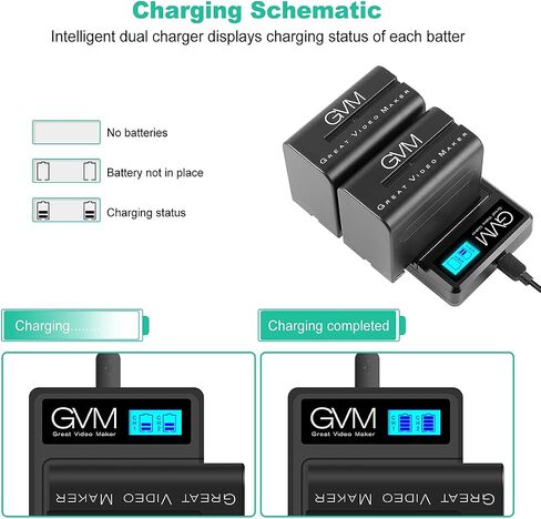 GVM NP-F970 6600mAh Batteries with Dual USB Charger and V-Mount Adapter, LCD Screen Display Charge Status of Each Battery, 2 Packs Portable Power for Camera Camcorder Broadcast Video Light in Saudi Arabia
