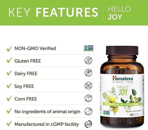 Himalaya Hello Joy Herbal Supplement, with Ashwagandha, Amla, Bacopa, Holy Basil/Tulsi, Positive Outlook, Supports Motivation, Stress Relief, Balanced Cortisol, Non-GMO, Vegan, 60 Capsules in Saudi Arabia