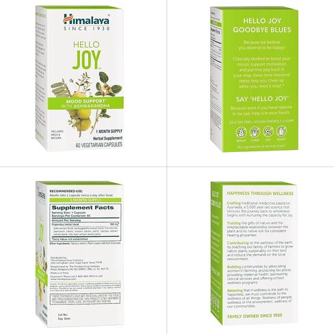 Himalaya Hello Joy Herbal Supplement, with Ashwagandha, Amla, Bacopa, Holy Basil/Tulsi, Positive Outlook, Supports Motivation, Stress Relief, Balanced Cortisol, Non-GMO, Vegan, 60 Capsules in Saudi Arabia