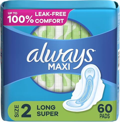 Always Maxi Feminine Pads for Women, Size 2 Long Super Absorbency, with Wings, Unscented, 60 Count in Saudi Arabia
