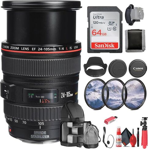 Canon EF 24-105mm f/4L is USM Lens (0344B002) + 64GB Memory Card + Filter Kit + Backpack + Card Reader + Flex Tripod + Memory Wallet + Cap Keeper + Cleaning Kit + Hand Strap (Renewed) in Saudi Arabia