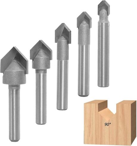 مجموعة لقم راوتر 90 درجة على شكل حرف V من اكيلين، ساق 1/4 انش، اطراف كربيد على شكل حرف V لنحت الخشب والنقش وصنع اللافتات - قطر القطع 1/4 انش، 5/16 انش، 3/8 انش، 1/2 انش، 5/8 انش in Kuwait