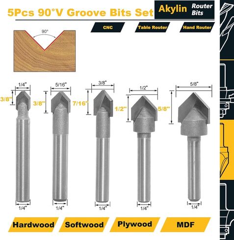 مجموعة لقم راوتر 90 درجة على شكل حرف V من اكيلين، ساق 1/4 انش، اطراف كربيد على شكل حرف V لنحت الخشب والنقش وصنع اللافتات - قطر القطع 1/4 انش، 5/16 انش، 3/8 انش، 1/2 انش، 5/8 انش in Kuwait