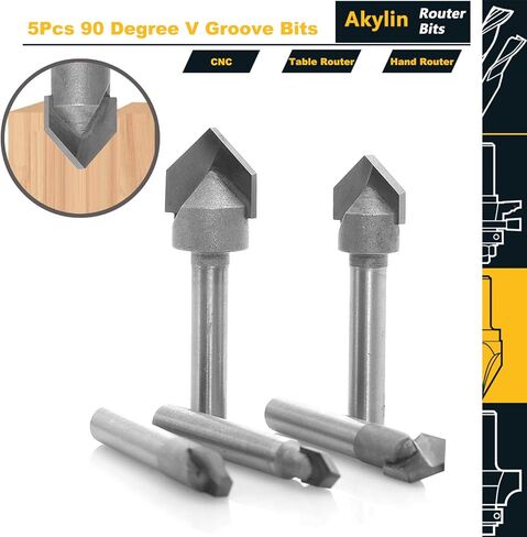 مجموعة لقم راوتر 90 درجة على شكل حرف V من اكيلين، ساق 1/4 انش، اطراف كربيد على شكل حرف V لنحت الخشب والنقش وصنع اللافتات - قطر القطع 1/4 انش، 5/16 انش، 3/8 انش، 1/2 انش، 5/8 انش in Kuwait