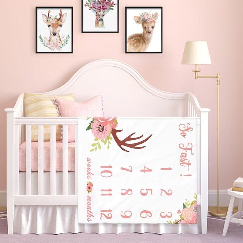 بطانية Gicoherero Baby الشهرية للفتيات، بطانيات صوف، قرن الوعل الزهري لصور الأطفال، شاهدني تنمو خلفية التصوير الفوتوغرافي، هدية استحمام للرضع (60 بوصة × 40 بوصة) in Kuwait