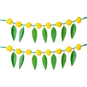 Set of 2 Artificial Marigold Flower Garlands with Mango Leaf Yellow & Dark Orange Door Toran/Decorative Hanging Bandanwar for Parties Indian Puja New Year Décor (Size :- 30" Inchs) in Kuwait