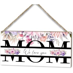Mom We Love You Sign, 10" x 5" Printed Wood Door Hanging Plaque Shelf Decor, Home Farmhouse Rustic Watercolor Flower Door Decor Wooden Sign, Women Wall Art Decor Idea Gift for Mother-35 in Kuwait