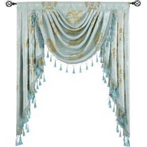 Jacquard Waterfall Valance for Living Room Aqua Damask Valances for Windows Valances and Swags for Bedroom - Rod Pocket Swag Valance with Tassels for Kitchen, 1 Panel 39" W x 48" L in Kuwait