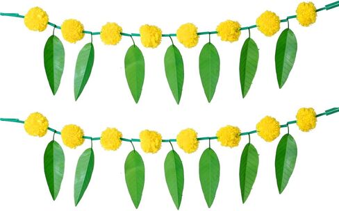 مجموعة من 2 أكاليل زهور القطيفة الاصطناعية مع أوراق المانجو باللون الأصفر والبرتقالي الداكن توران/باندانوار للتعليق للحفلات ديكور بوجا الهندي للعام الجديد (الحجم :- 76.2 سم) in Kuwait