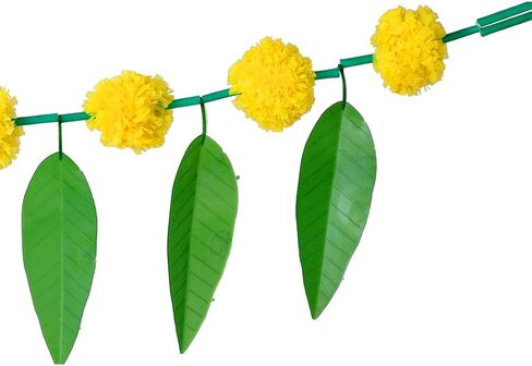 مجموعة من 2 أكاليل زهور القطيفة الاصطناعية مع أوراق المانجو باللون الأصفر والبرتقالي الداكن توران/باندانوار للتعليق للحفلات ديكور بوجا الهندي للعام الجديد (الحجم :- 76.2 سم) in Kuwait