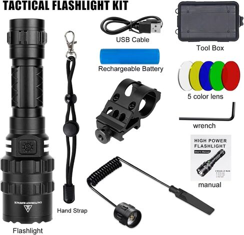 DBFWHNO Tactical Flashlight, 3000LM Super Bright Flashlight Rechargeable USB Flashlight 5 Modes IP65 Waterproof Tactical Flash Light for Outdoor Hunting Camping in Saudi Arabia