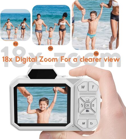 Omzer Digital Camera for Photography Video - 4K Vlogging 48MP Cameras with 2.8" Screen - Compact and Portable for Kids Teens Beginners - 18X Zoom Point & Shoot Camara - Include 32G Sd Card - White in Kuwait