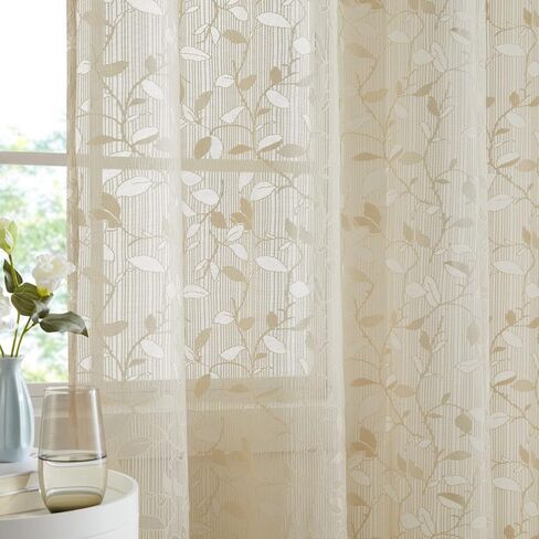 HLC.ME Joyce ستائر زخرفية شبه شفافة لتصفية النوافذ بحلقات معدنية لغرفة النوم وغرفة المعيشة - مجموعة من لوحتين (طول 54 × 84 بوصة، رمادي داكن من الكتان) in Kuwait