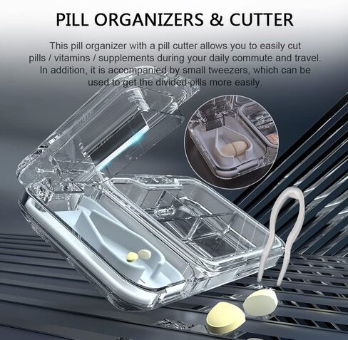 gooatry Pill Organizer with Cutter, Portable Case 4 Times a Day for Travle, Transparent Box Vitamins/Fish Oils/Supplements, Tweezers Included, 1 Pack, Blue, 1.0 Count in Saudi Arabia