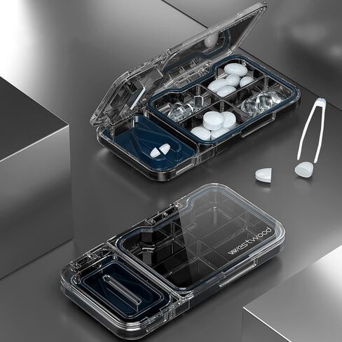 gooatry Pill Organizer with Cutter, Portable Case 4 Times a Day for Travle, Transparent Box Vitamins/Fish Oils/Supplements, Tweezers Included, 1 Pack, Blue, 1.0 Count in Saudi Arabia