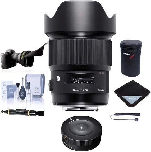 عدسة سيجما الفنية 20 ملم f/1.4 DG HSM لكاميرا Canon EF، حزمة مع غطاء عدسة مرن، غلاف عدسة، حافظة عدسة، طقم تنظيف، منظف، قاعدة توصيل USB سيجما، حبل ربط in Kuwait