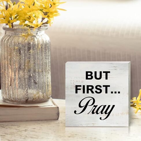 But First Pray Wooden Box Sign with Saying Desk Decor 5 x 5 Inch Positive Christian Box Sign Wood Plaque Block Sign Rustic Art Home Office Decor in Kuwait