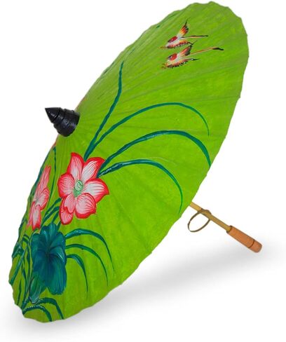 NOVICA Lime Green and Pink Painted Floral Paper Parasol with Bamboo Handle, Lily Wonderland' in Kuwait