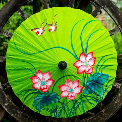 NOVICA Lime Green and Pink Painted Floral Paper Parasol with Bamboo Handle, Lily Wonderland' in Kuwait