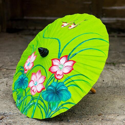 NOVICA Lime Green and Pink Painted Floral Paper Parasol with Bamboo Handle, Lily Wonderland' in Kuwait
