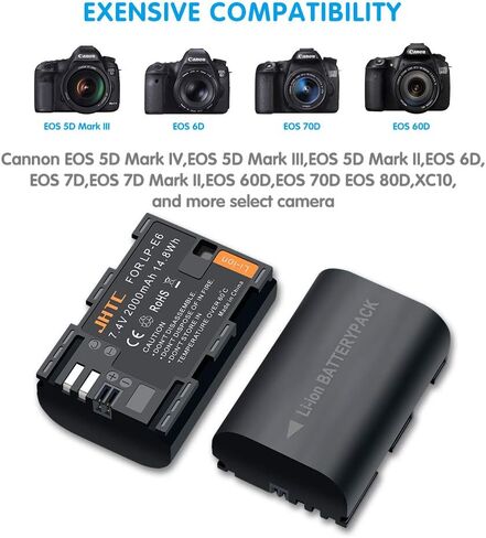 JHTC LP-E6 Rechargeable Battery Pack (2pack) and Dual USB LED Charger, Compatible with Canon LP-E6, LP-E6N and Canon EOS 7D, 7D Mark II,EOS 60D,EOS 60Da, EOS 70D, EOS 80D,EOS R,XC10,XC15 in Kuwait