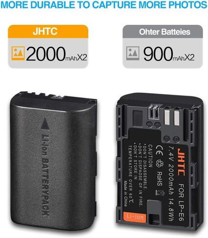 JHTC LP-E6 Rechargeable Battery Pack (2pack) and Dual USB LED Charger, Compatible with Canon LP-E6, LP-E6N and Canon EOS 7D, 7D Mark II,EOS 60D,EOS 60Da, EOS 70D, EOS 80D,EOS R,XC10,XC15 in Kuwait