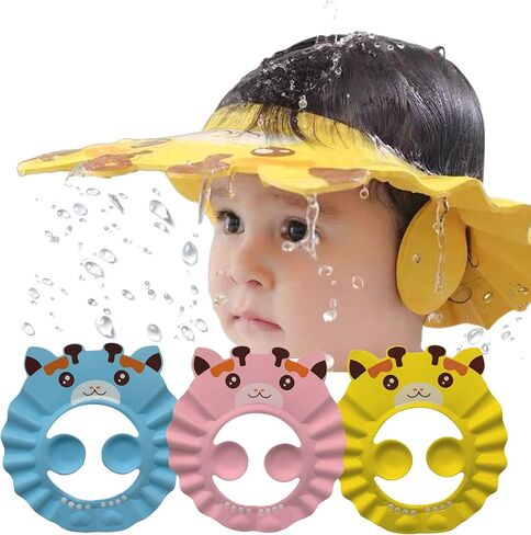 3pcs Baby Shower Cap Pink, Blue and Yellow - Adjustable Shower Cap for Kids with Ear Protection - Prevent Water Entering in Eyes - Hair Washing Shield - Hair Washing Hat for Toddlers - Animal Design in Kuwait
