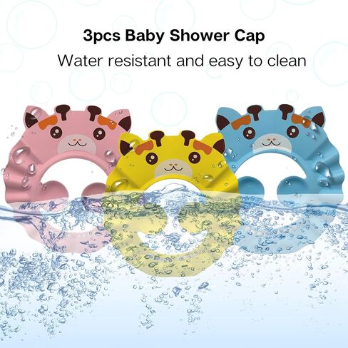 3pcs Baby Shower Cap Pink, Blue and Yellow - Adjustable Shower Cap for Kids with Ear Protection - Prevent Water Entering in Eyes - Hair Washing Shield - Hair Washing Hat for Toddlers - Animal Design in Kuwait