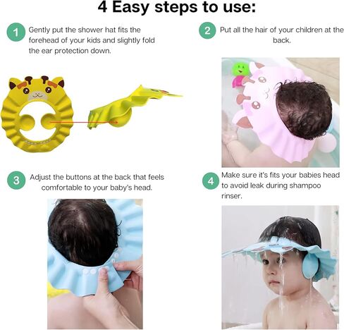 3pcs Baby Shower Cap Pink, Blue and Yellow - Adjustable Shower Cap for Kids with Ear Protection - Prevent Water Entering in Eyes - Hair Washing Shield - Hair Washing Hat for Toddlers - Animal Design in Kuwait
