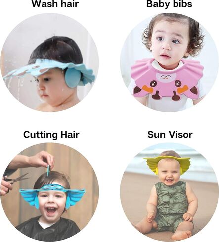 3pcs Baby Shower Cap Pink, Blue and Yellow - Adjustable Shower Cap for Kids with Ear Protection - Prevent Water Entering in Eyes - Hair Washing Shield - Hair Washing Hat for Toddlers - Animal Design in Kuwait