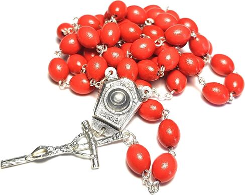 Genuine Virgin Mary Our Lady of Lourdes مسبحة المياه المقدسة من Lourdes Centerpiece EU Made Birchwood beads: 3/8" x 1/4" طول المسبحة: 22" المقاس: الصليب (H X W) : 1.75" x 0.75" in Kuwait