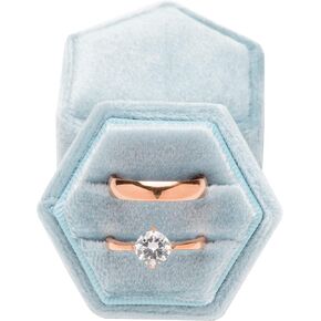Giftop Premium Velvet Ring Bearer Box for Proposal Engagement Wedding Ceremony - Hexagon Vintage Double Ring Display Holder with Detachable Lid (Light Ocean Blue)