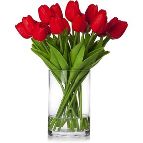 ENOVA FLORAL 20 رأسًا من زهور التوليب البيضاء ذات اللمس الحقيقي والزهور الاصطناعية في مزهرية، زهور التوليب المزيفة مع مزهرية ومياه صناعية لتزيين طاولة الطعام، وحفلات الزفاف المنزلية (أبيض)