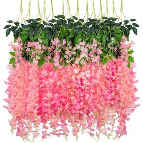 LUZOGA 14 Pack 3.6 Feet/Piece Artificial Wisteria Flower Fake Silk Flowers String Vine Ratta Hanging Garland for Home Garden Party Wedding Backdrop Arch Decor (Black)