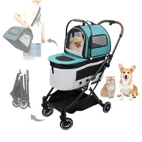 عربة كلب مزدوجة 4 عجلات قابلة للفصل لكلبين للمشي في الهواء الطلق، عربة حيوانات أليفة مزدوجة قابلة للقفل لقطتين، حامل حيوانات أليفة ذاتي الطي للحيوانات الأليفة الصغيرة والمتوسطة 22 رطل + 33 رطل زيارات الطبيب البيطري (أخضر) in Kuwait