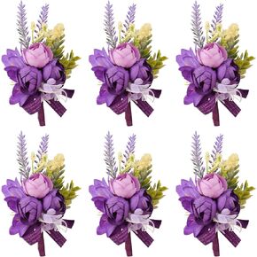 6 PCS Wedding Boutonniere, Purple Small Rose Simulation Corsage Artificial Wedding Flower Accessories for Bridal Groom Groomsman Wedding Flowers…