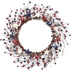 4th of July Independence Day Red Blue White Americana Wreath, 18 inch Patriotic Wreath for Front Door, Memorial Day Berry Wreath Decorations in Kuwait