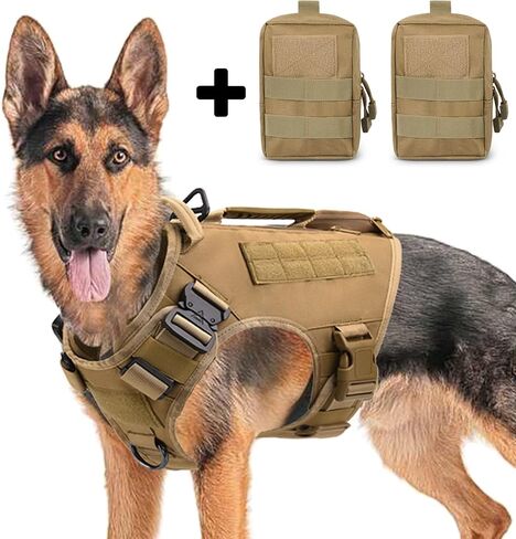 Tactical Dog Backpack Harness for Large Breed Original Design Metal Buckle Vest with Side Bags Pouches for Service Working Training (Khaki (with 2 Pouches), L) in Saudi Arabia